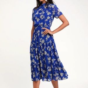 Lulu's Blue Floral Print Mock Neck Midi Dress Sz M